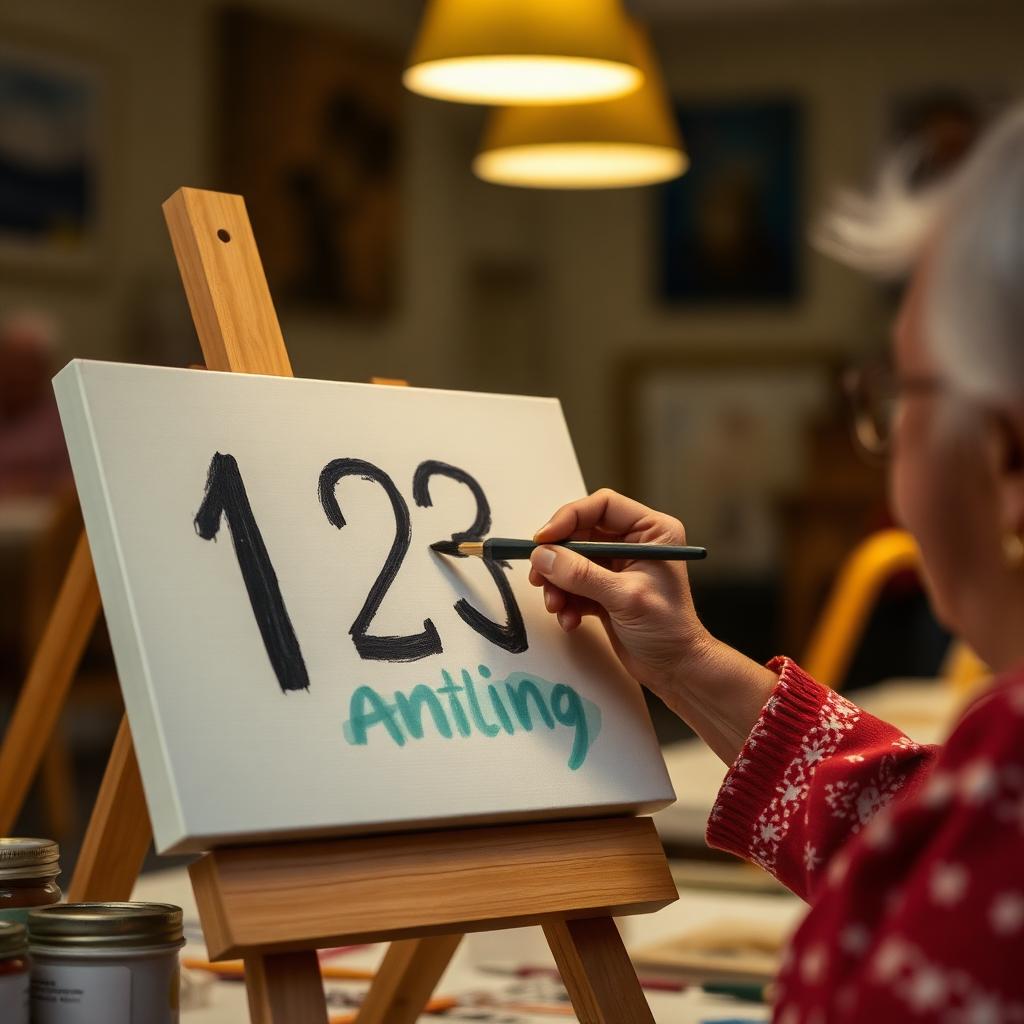 Elderly resident painting a numbered canvas at an aged care art room table under warm lamp light.