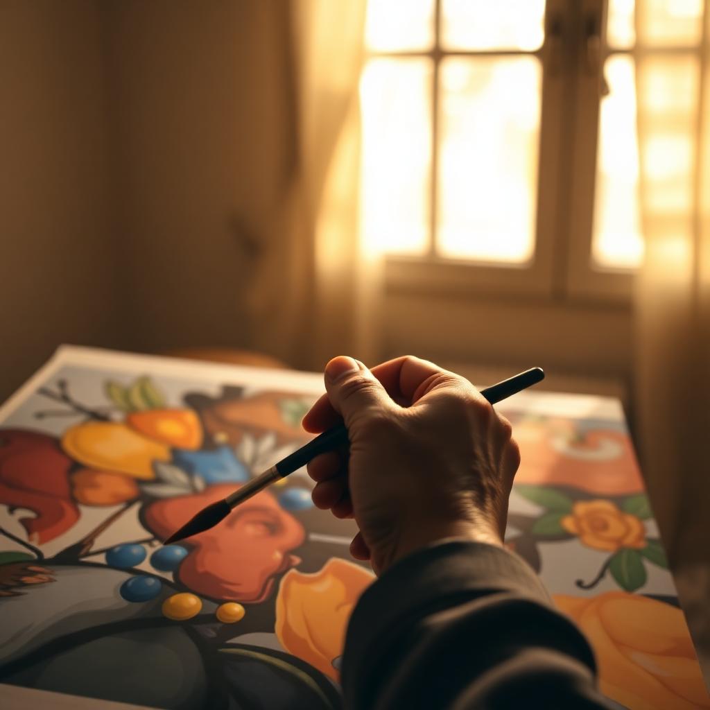 An older hand holding a paintbrush over a colourful canvas in warm golden afternoon light.