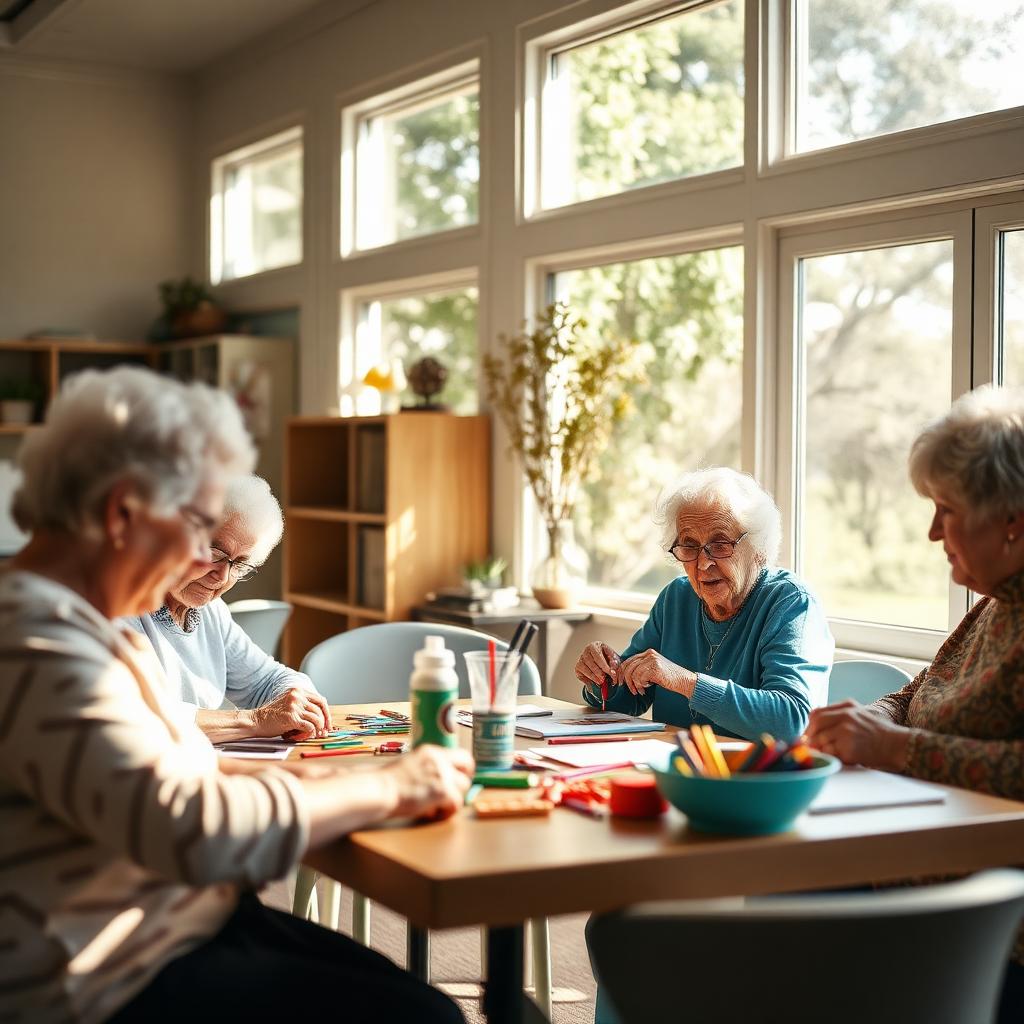 Bright Australian aged care activity room with seniors enjoying crafts.
