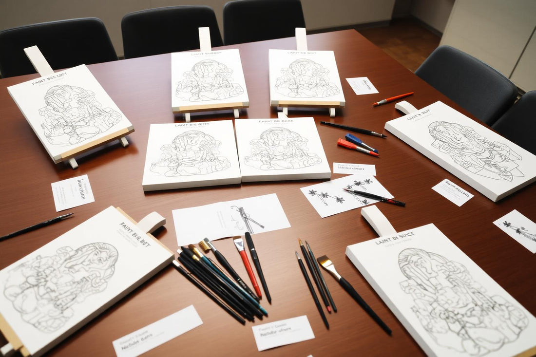 A boardroom table set up with paint-by-numbers canvases and brushes for a corporate team building session.