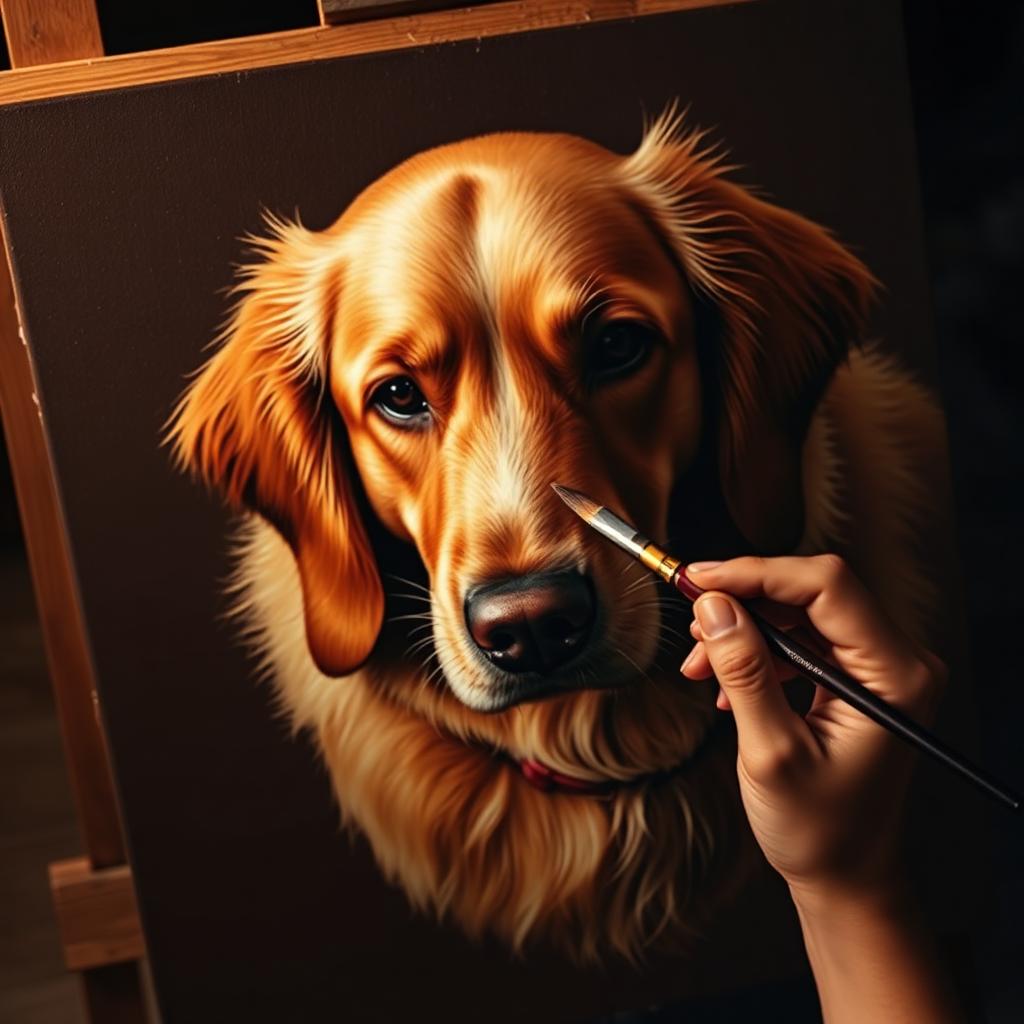 A custom paint-by-numbers portrait of a golden retriever in progress on a wooden easel, warm amber light, a hand holding a fine brush about to paint the dog's nose.