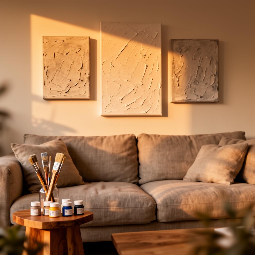 A trio of textured DIY canvas wall art pieces hung above a linen sofa in a warm, sunlit living room.