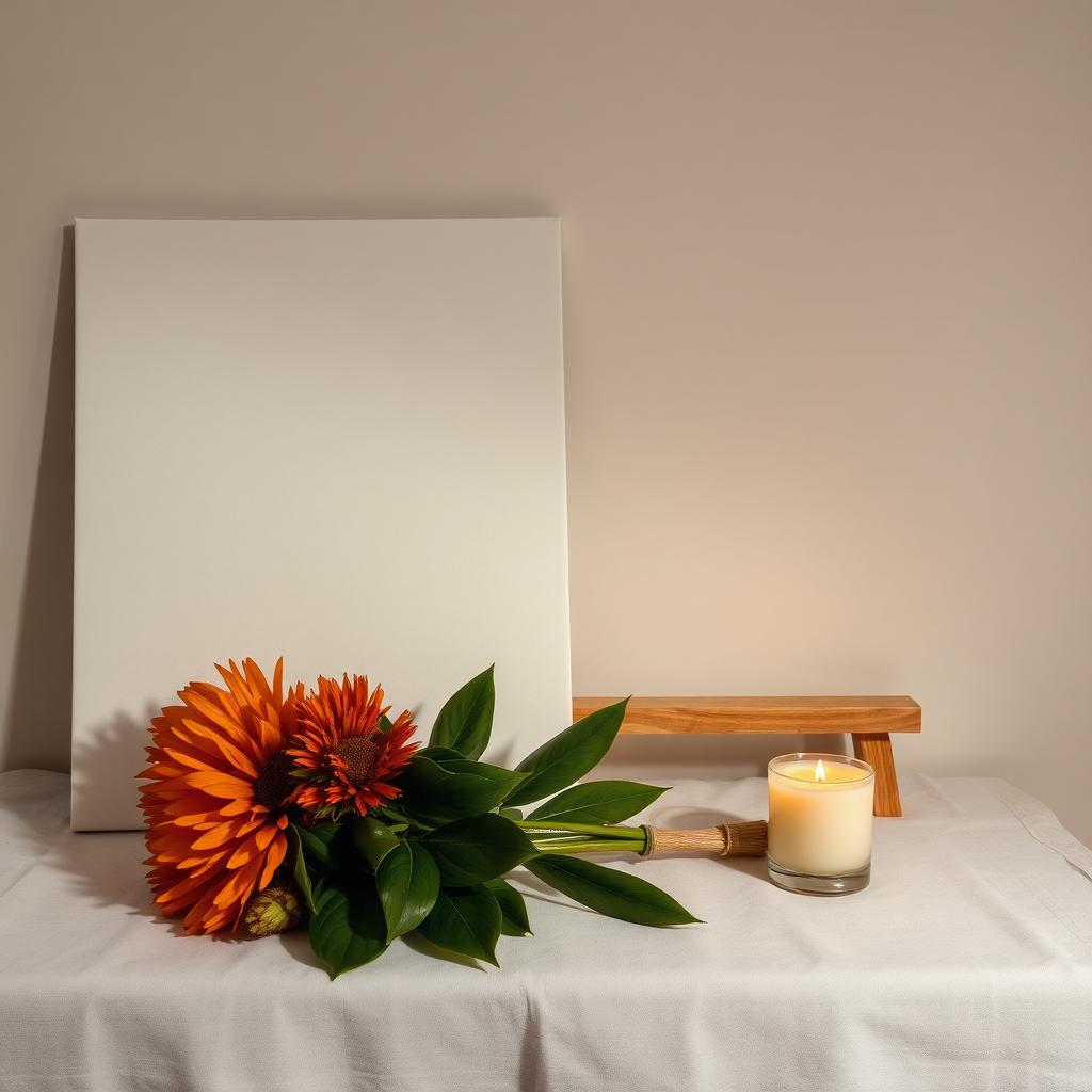 A blank canvas with Australian native flowers and a candle on a linen cloth.