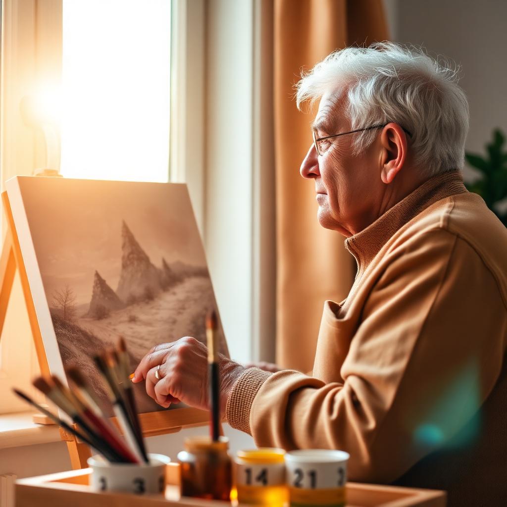 Older man calmly painting a numbered canvas in soft window light.