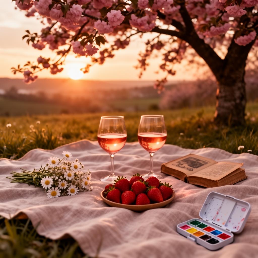 A romantic picnic for two under a flowering tree at sunset with rose wine, strawberries, wildflowers and a small paint set.