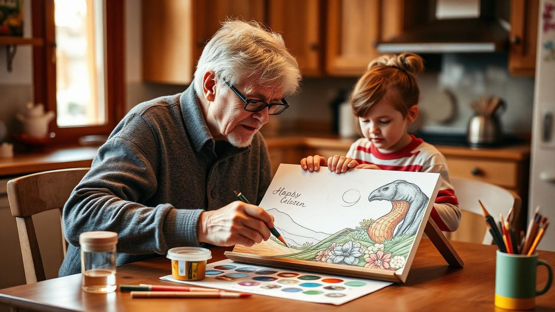 Grandparent and grandchild painting a paint-by-numbers canvas together at a kitchen table during winter school holidays.
