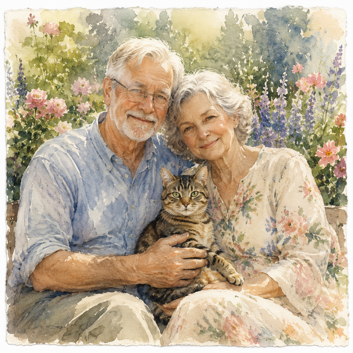 Garden Years hand-painted family and cat portrait